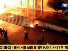 Berisha mbyll fjalimin, protestuesit hedhin molotovë, zjarr para derës së kryeministrisë,